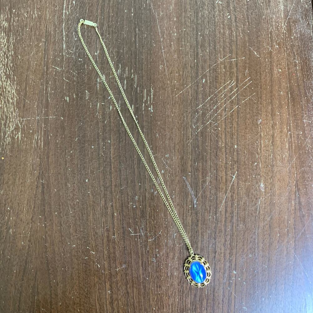 Vintage Germany Genuine Blue star glass cabochon gold‎ filigree pendant necklace
